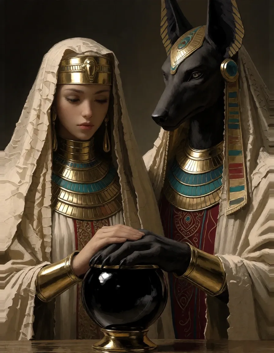 A woman and a jackal-headed figure join hands over an obsidian vessel in a dim sanctuary.