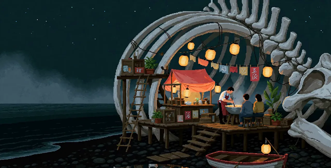 A fishing village built inside a whale skeleton at night, in pixel art