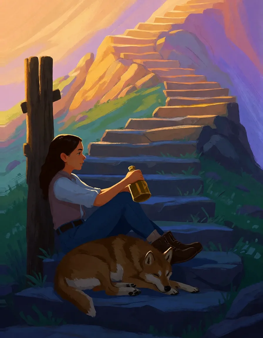 A woman rests on stone stairs at dusk with a dog curled at her feet.