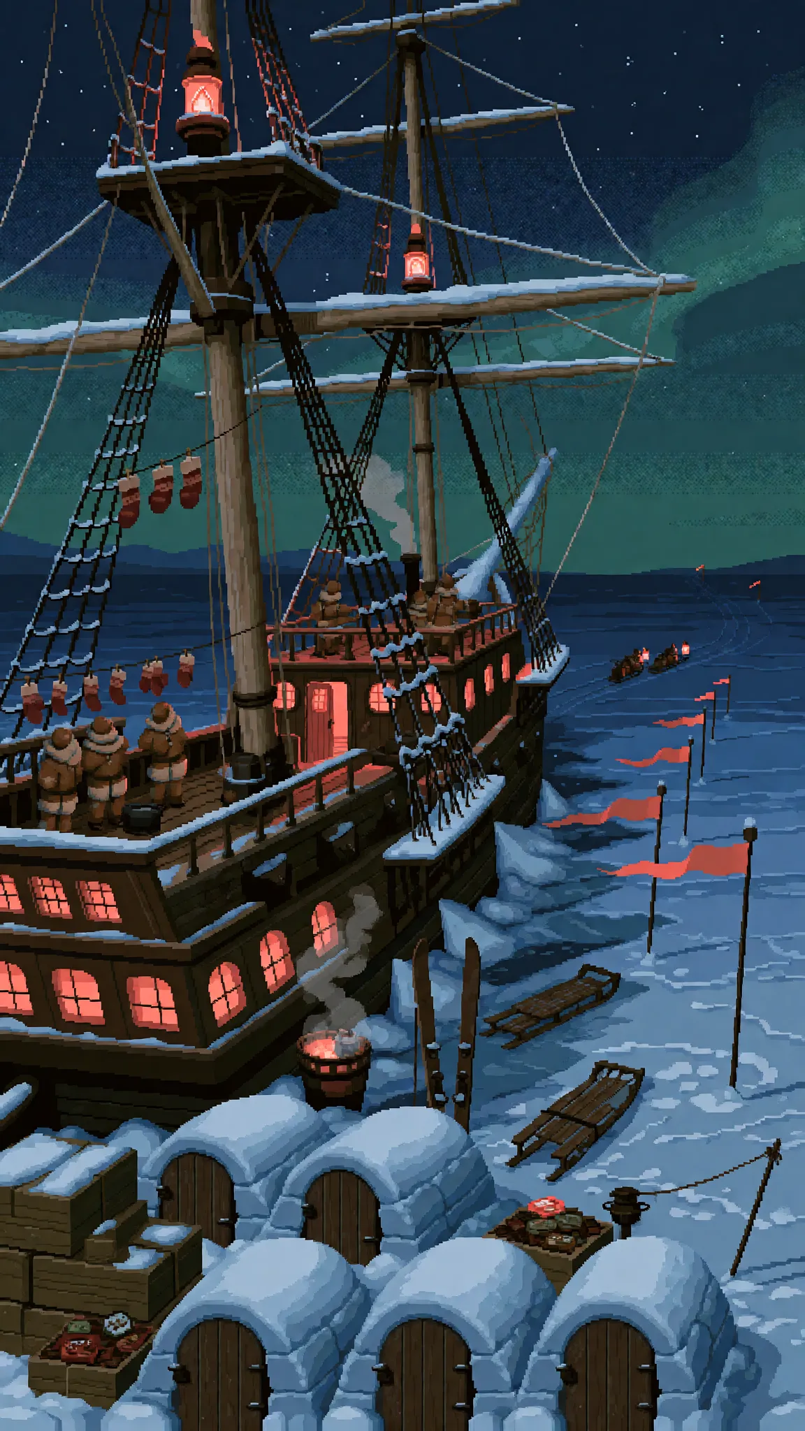 A sailing ship moored by a snowy harbor under the northern lights, in pixel art
