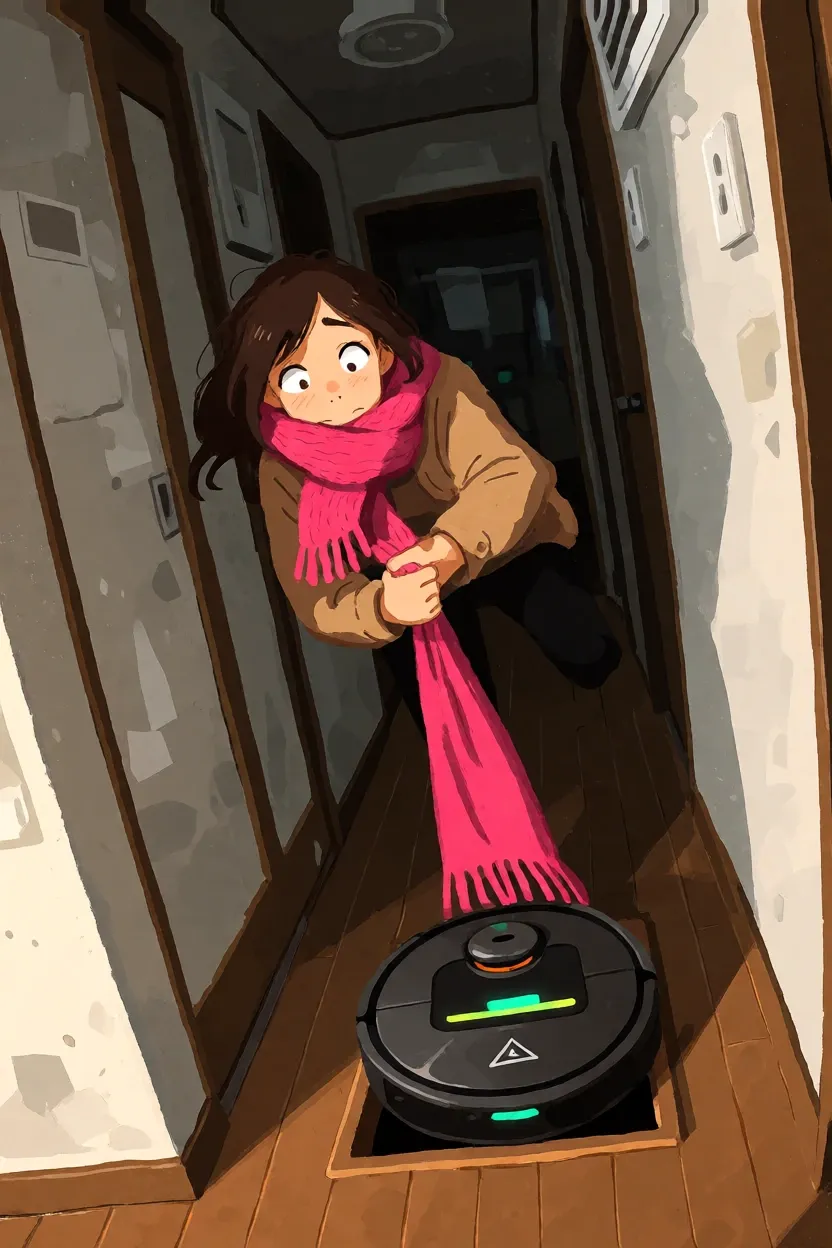 A woman in a hallway pulls her magenta scarf away from a robot vacuum dragging it toward a trash chute.