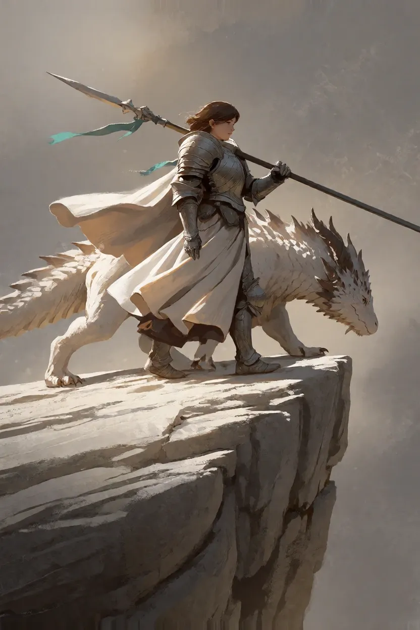 An armored woman with a spear walks a limestone ridge beside an ivory-scaled dragon.