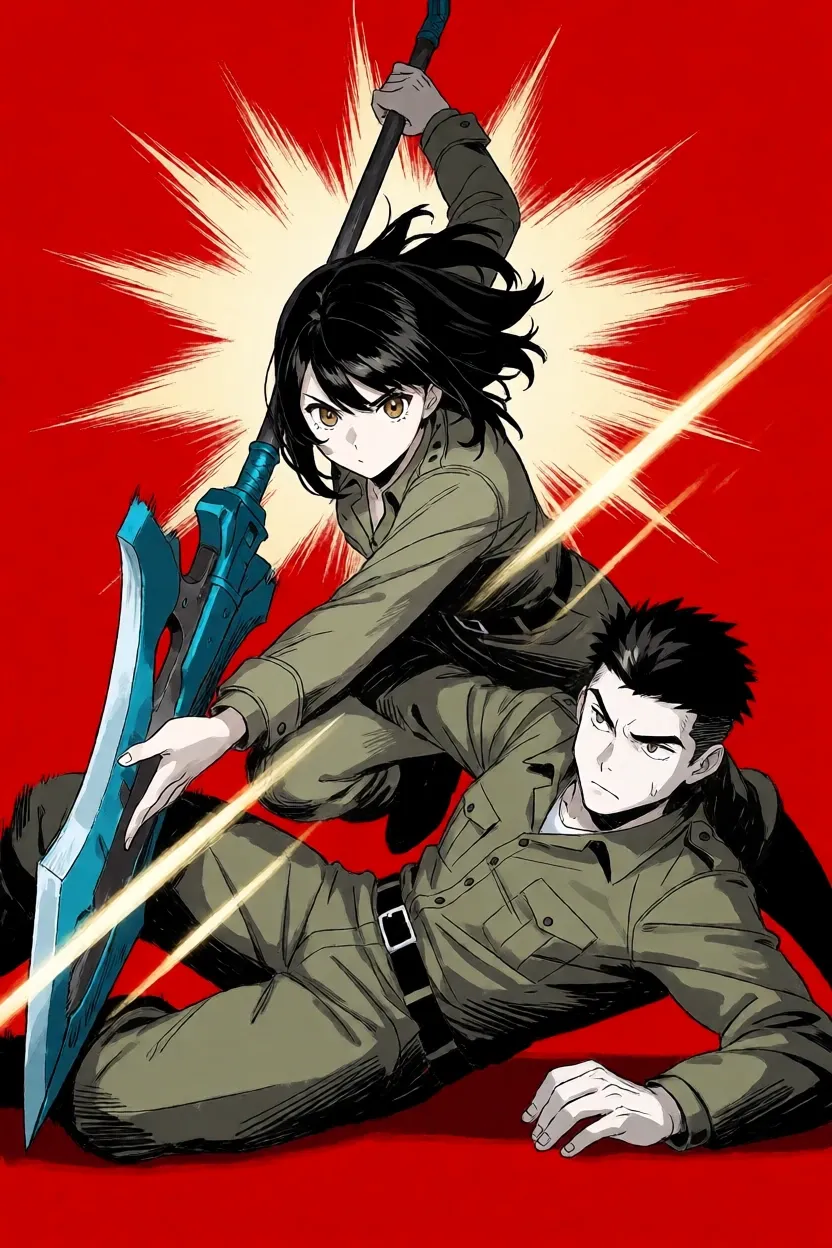 A woman dives down with a polearm while a man slides below her, firing, on a flat red background.