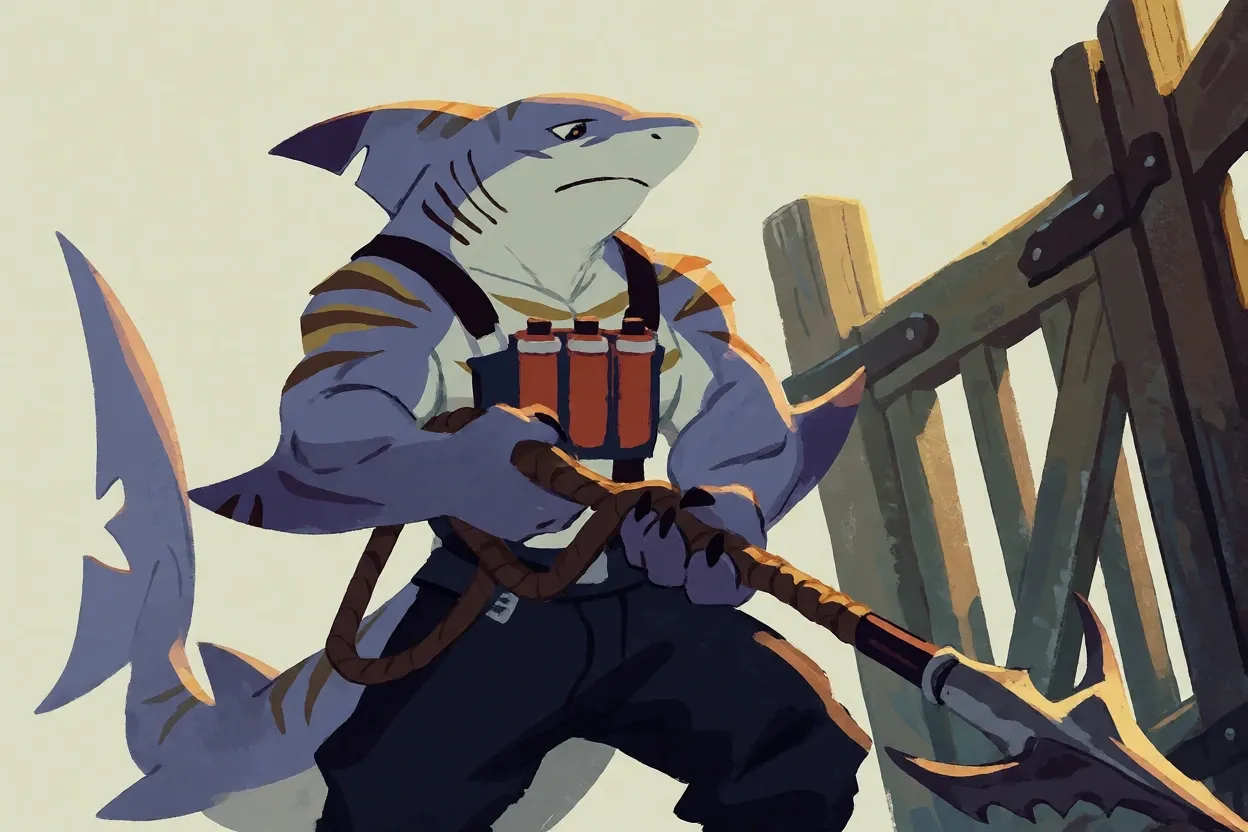 A shark warrior ties leather cord around a harpoon beside a tide gate.