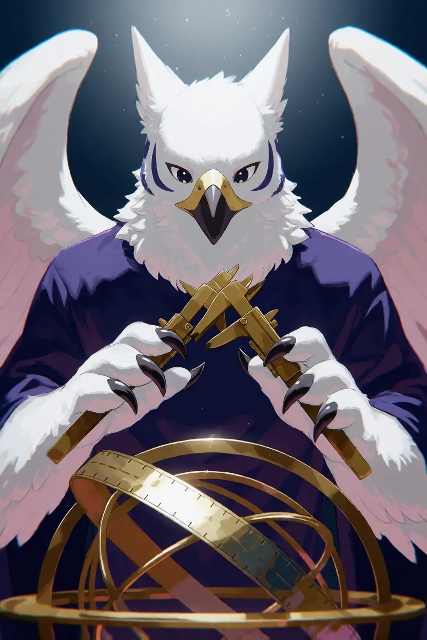 A gryphon-sphinx in indigo robes studies an astrolabe with brass calipers.