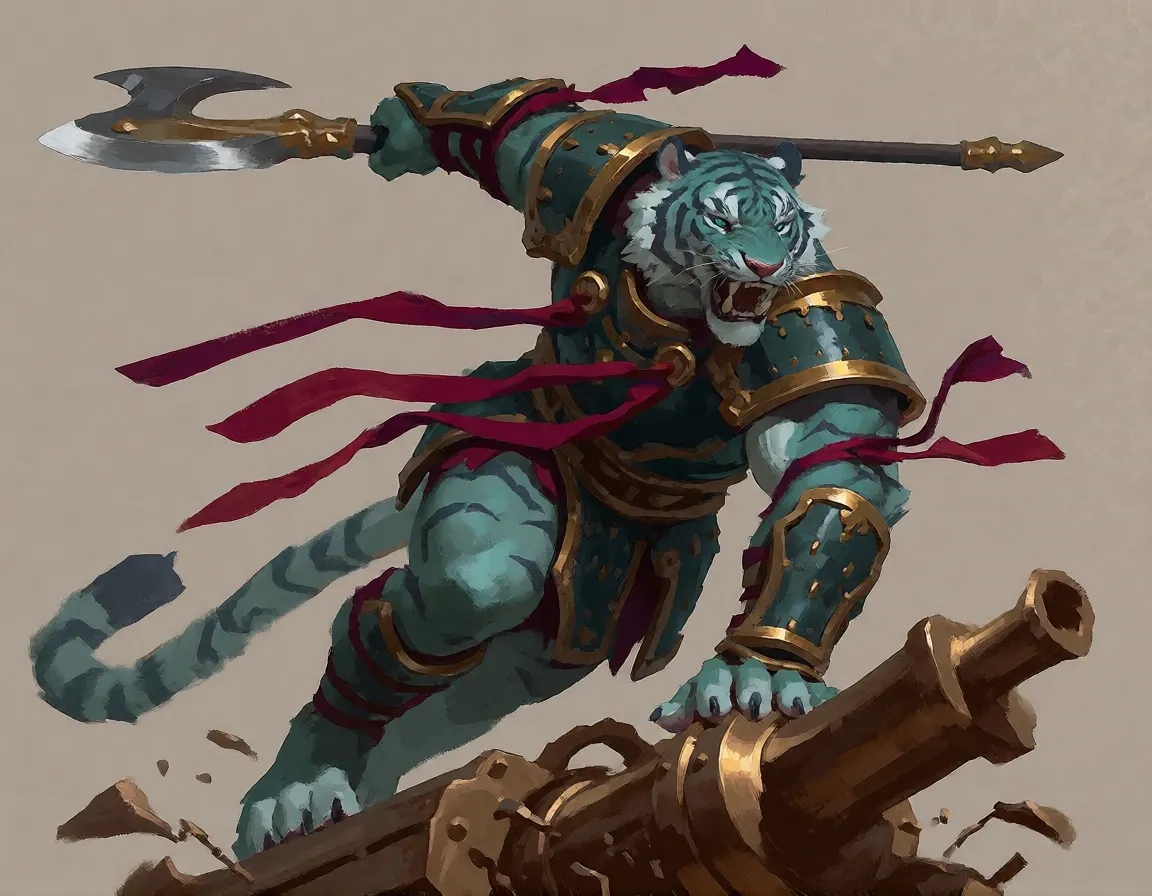 A white tiger warrior leaps off a bronze war machine with a hooked polearm.