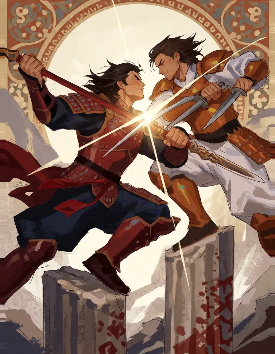 Two warriors fight atop ruined pillars, spear against twin daggers.
