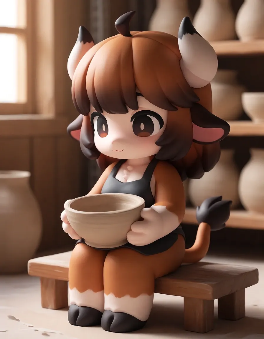 A 3D chibi bull girl holds a clay bowl in a pottery studio.